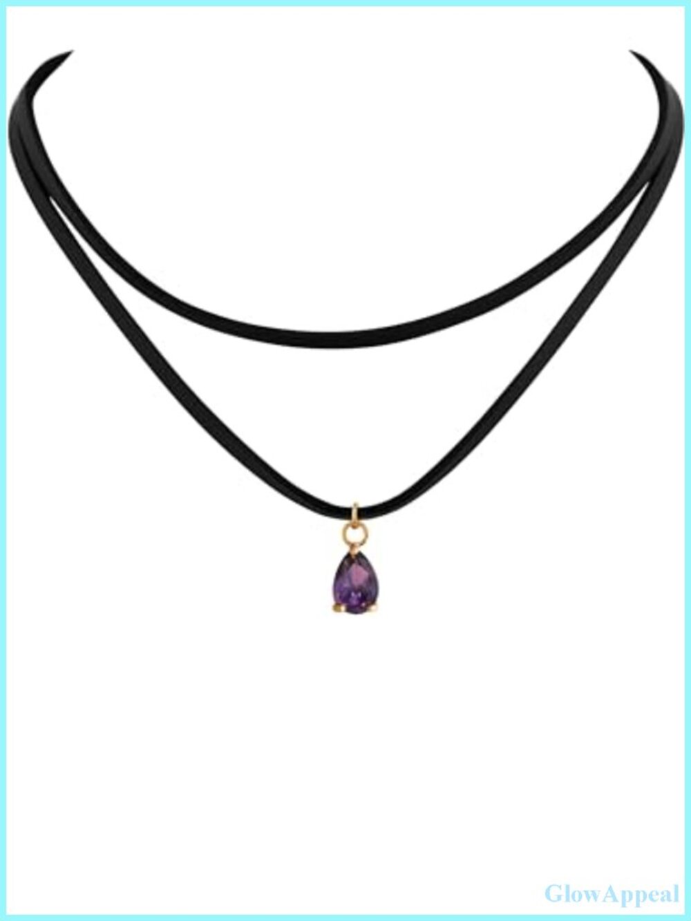 Layered Black Choker Necklace with Purple Glass Teardrop Pendant Goth Boho